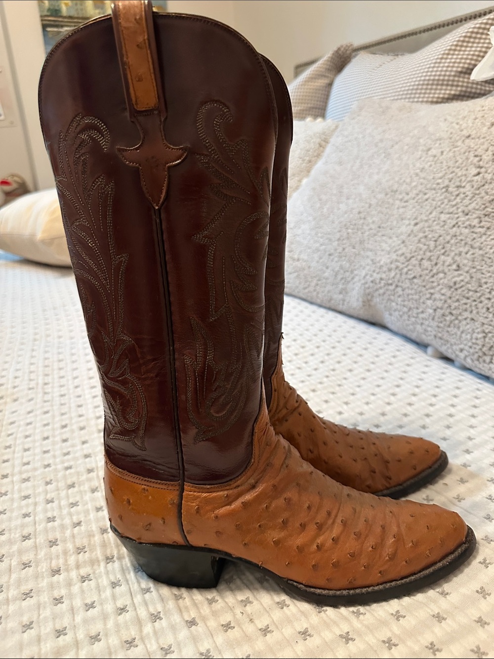 Lucchese Two-Tone Brown Ostrich Leather Women's Heeled Boots